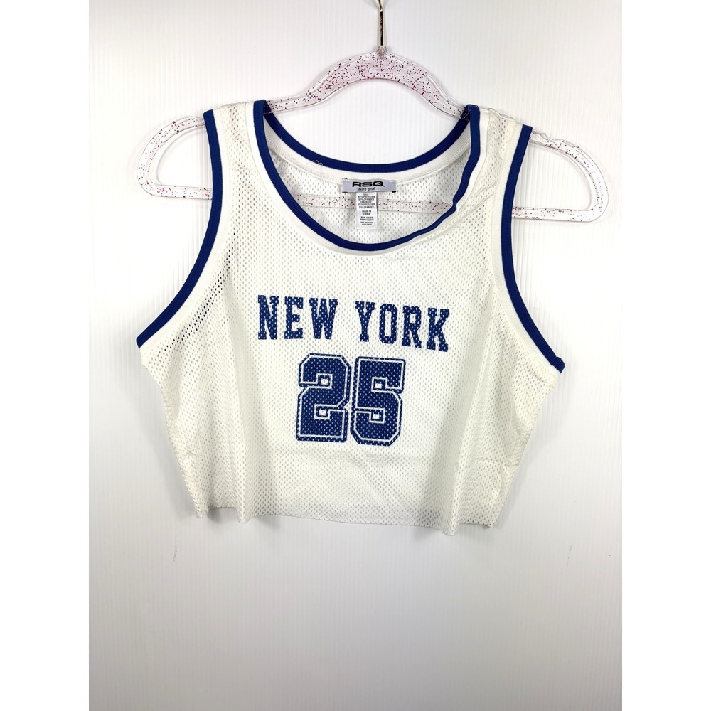 RSQ Shirt Womens Extra Small White Mesh Jersey Crop Tank Top New York 25